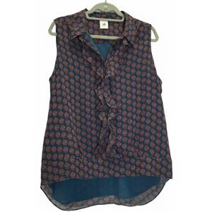 Cabi womens large ruffle blouse rust orange blue floral shirt top